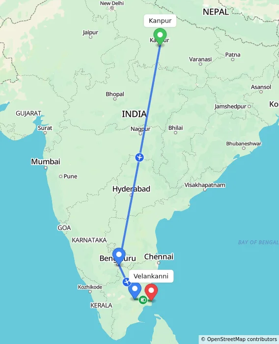 Route map showing distance and travel time from Kanpur, India to Velankanni, India