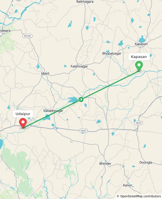 Route map showing distance and travel time from Kapasan, India to Udaipur, India