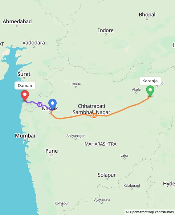 Route map showing distance and travel time from Karanja, India to Daman, India