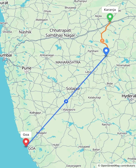 Route map showing distance and travel time from Karanja, India to Goa, India