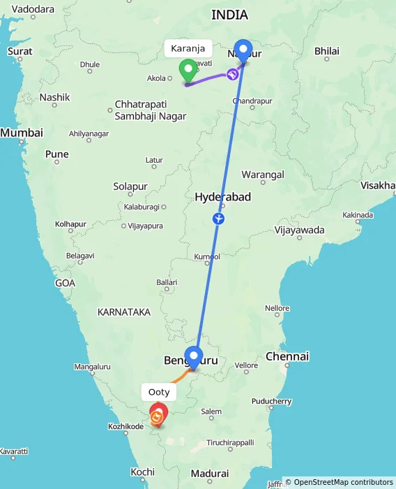 Route map showing distance and travel time from Karanja, India to Ooty, India