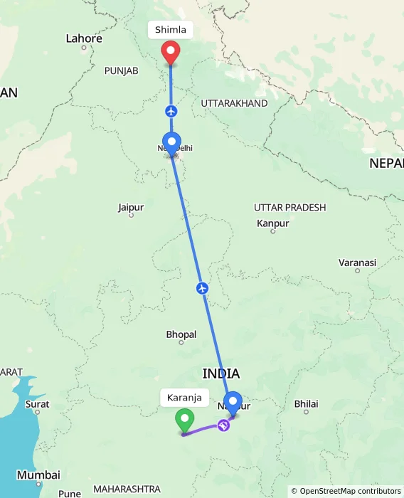 Route map showing distance and travel time from Karanja, India to Shimla, India