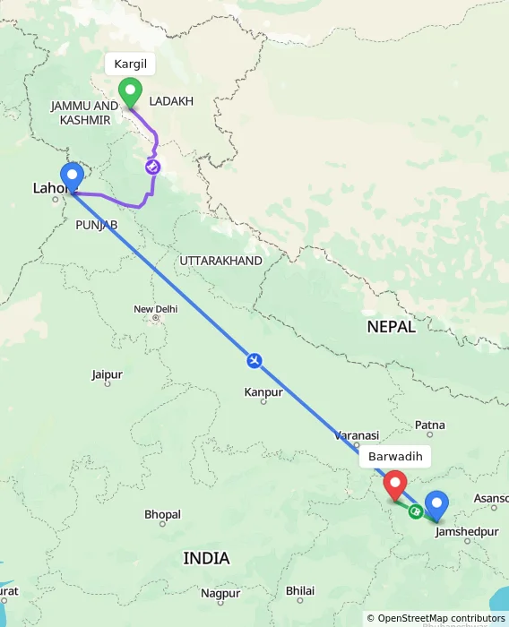 Route map showing distance and travel time from Kargil, India to Barwadih, India
