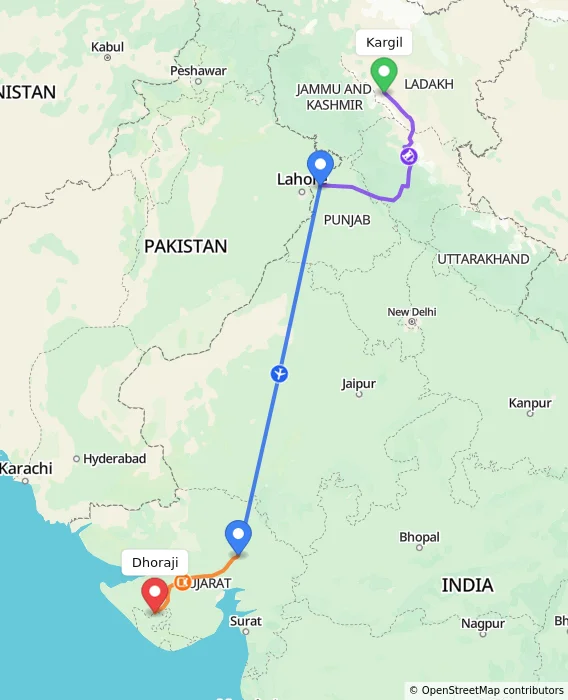 Route map showing distance and travel time from Kargil, India to Dhoraji, India