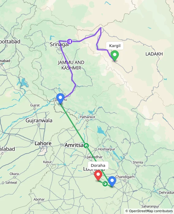 Route map showing distance and travel time from Kargil, India to Doraha, India