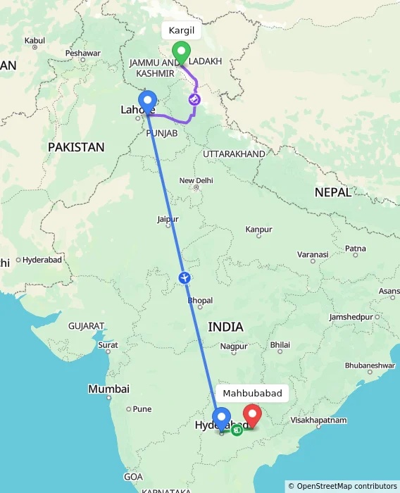 Route map showing distance and travel time from Kargil, India to Mahbubabad, India