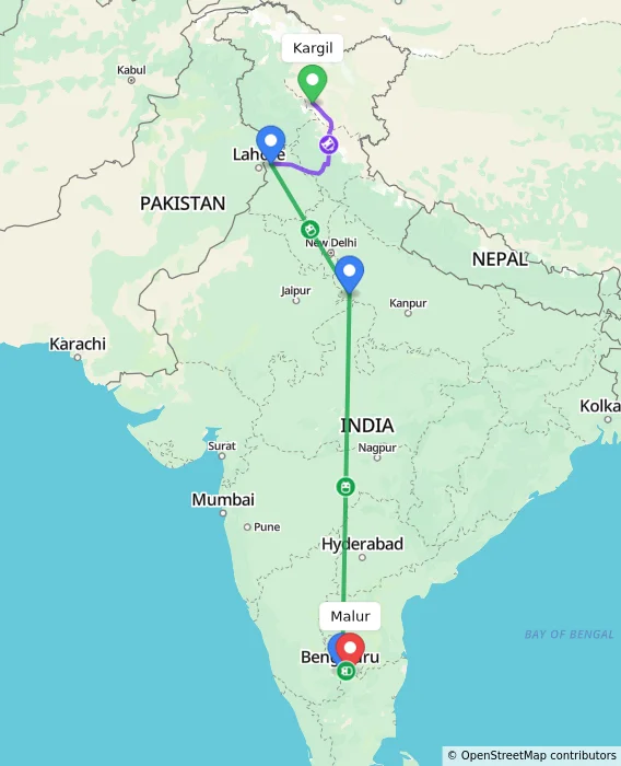 Route map showing distance and travel time from Kargil, India to Malur, India