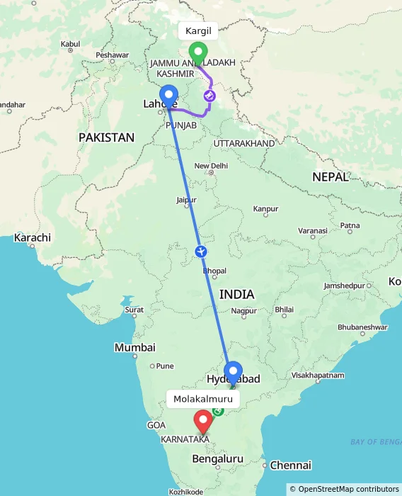 Route map showing distance and travel time from Kargil, India to Molakalmuru, India