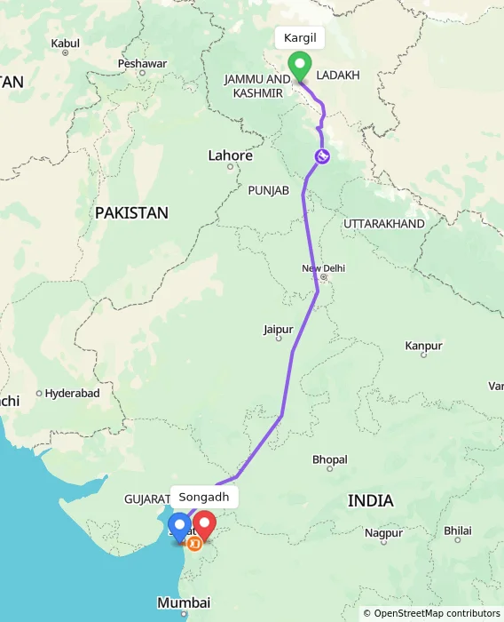 Route map showing distance and travel time from Kargil, India to Songadh, India