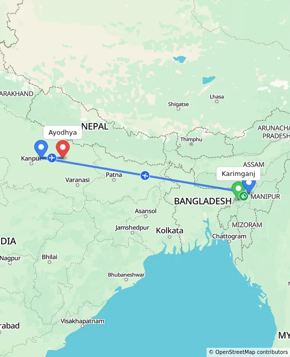 Route map showing distance and travel time from Karimganj, India to Ayodhya, India
