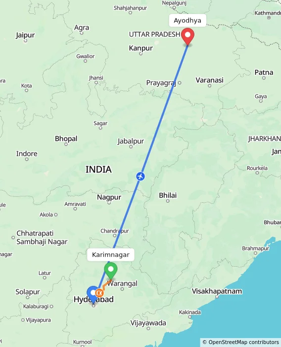 Route map showing distance and travel time from Karimnagar, India to Ayodhya, India
