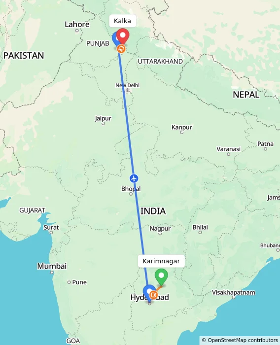 Route map showing distance and travel time from Karimnagar, India to Kalka, India
