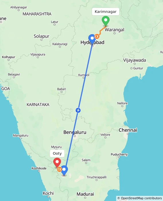 Route map showing distance and travel time from Karimnagar, India to Ooty, India
