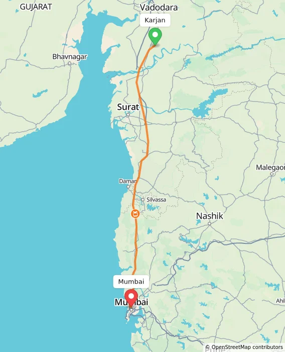 Route map showing distance and travel time from Karjan, India to Mumbai, India