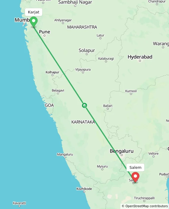 Route map showing distance and travel time from Karjat, India to Salem, India