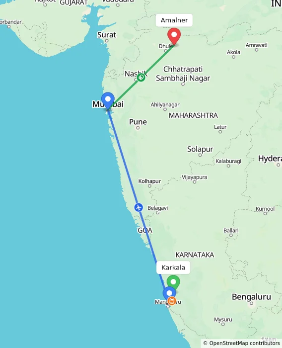 Route map showing distance and travel time from Karkala, India to Amalner, India