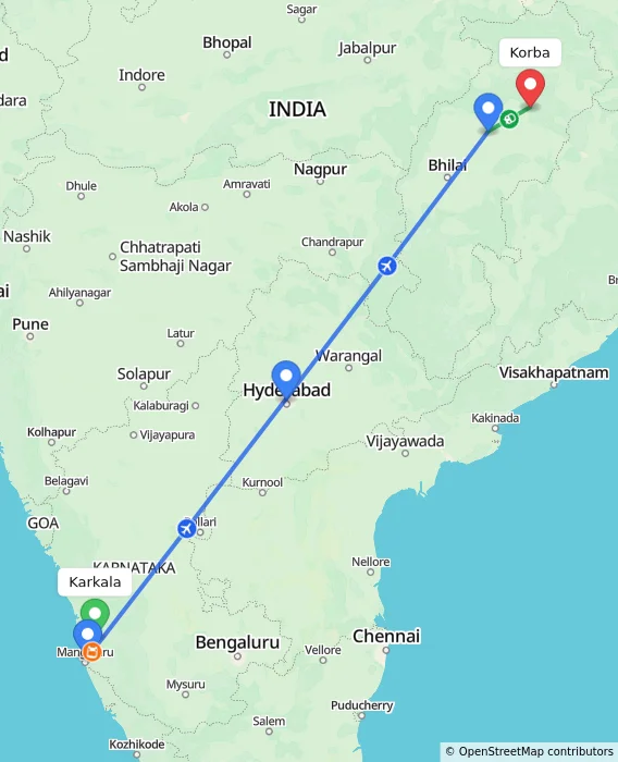 Route map showing distance and travel time from Karkala, India to Korba, India