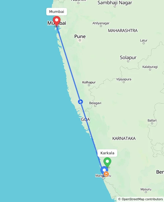 Route map showing distance and travel time from Karkala, India to Mumbai, India