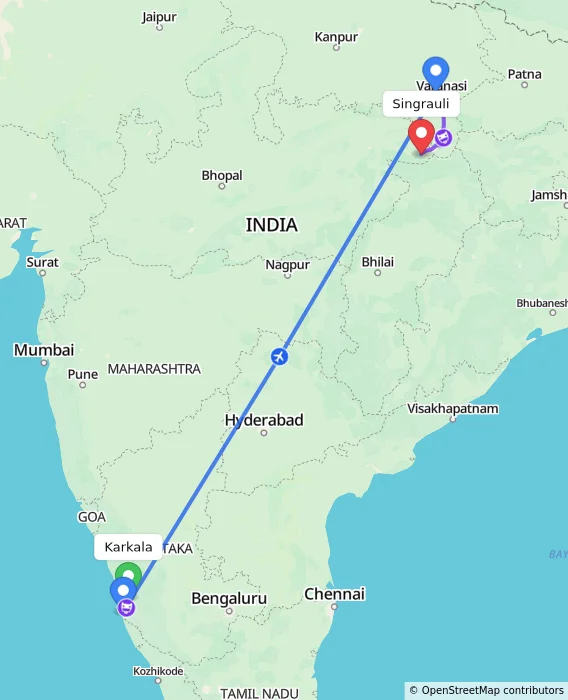 Route map showing distance and travel time from Karkala, India to Singrauli, India