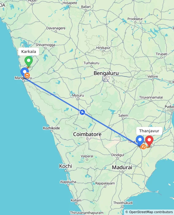 Route map showing distance and travel time from Karkala, India to Thanjavur, India