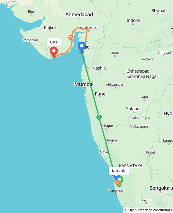 Route map showing distance and travel time from Karkala, India to Una, India