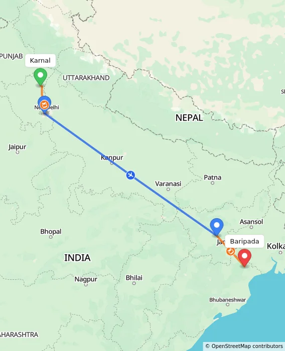 Route map showing distance and travel time from Karnal, India to Baripada, India