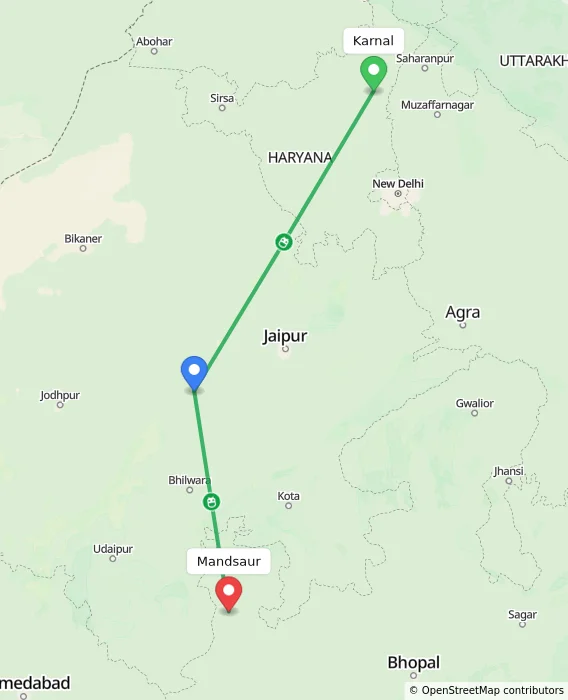 Route map showing distance and travel time from Karnal, India to Mandsaur, India