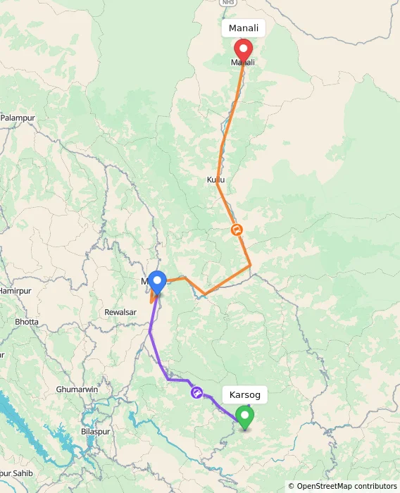 Route map showing distance and travel time from Karsog, India to Manali, India
