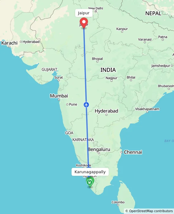 Route map showing distance and travel time from Karunagappally, India to Jaipur, India