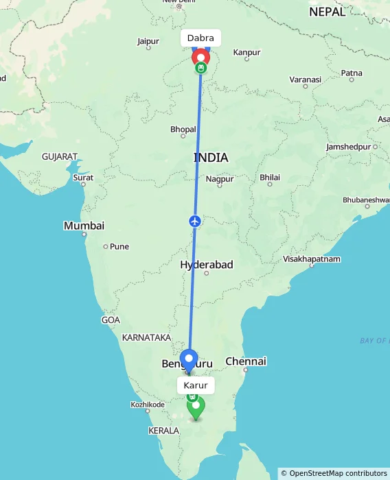 Route map showing distance and travel time from Karur, India to Dabra, India