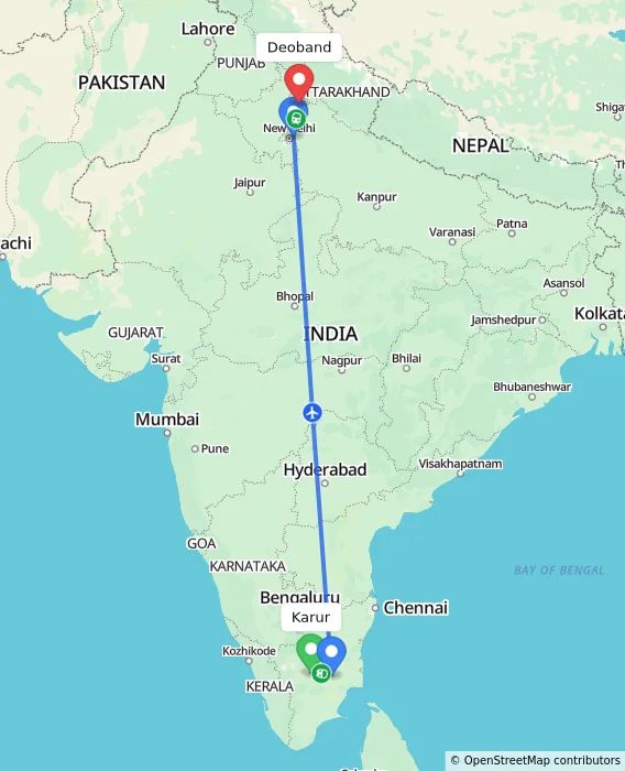 Route map showing distance and travel time from Karur, India to Deoband, India