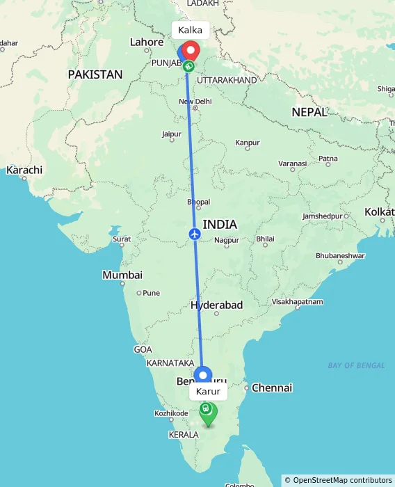 Route map showing distance and travel time from Karur, India to Kalka, India