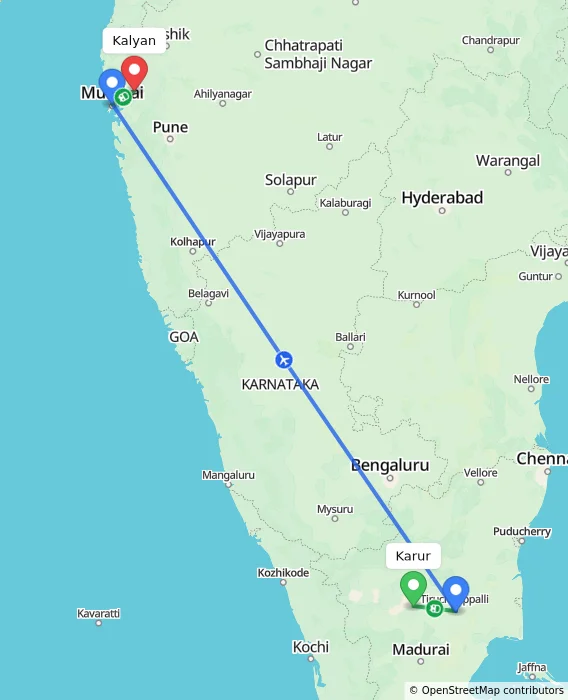 Route map showing distance and travel time from Karur, India to Kalyan, India