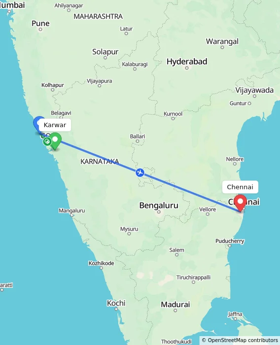 Route map showing distance and travel time from Karwar, India to Chennai, India