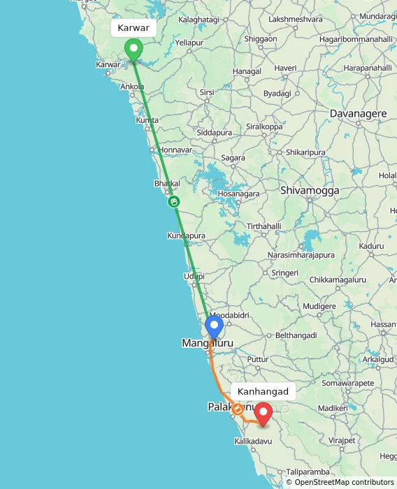 Route map showing distance and travel time from Karwar, India to Kanhangad, India