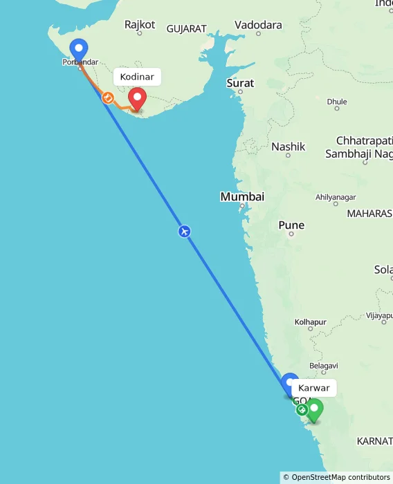 Route map showing distance and travel time from Karwar, India to Kodinar, India