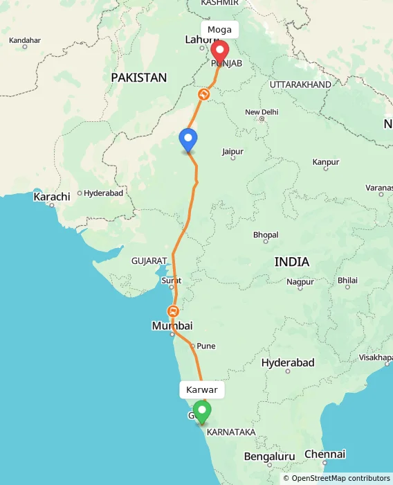 Route map showing distance and travel time from Karwar, India to Moga, India