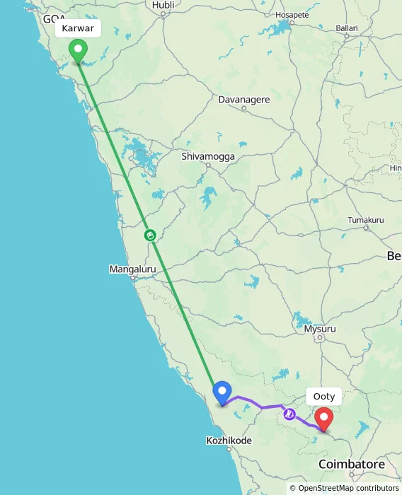Route map showing distance and travel time from Karwar, India to Ooty, India