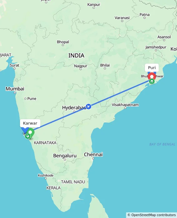 Route map showing distance and travel time from Karwar, India to Puri, India