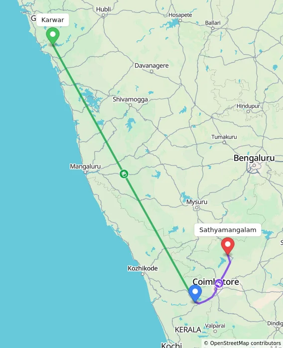 Route map showing distance and travel time from Karwar, India to Sathyamangalam, India