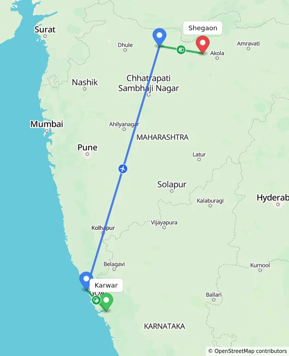 Route map showing distance and travel time from Karwar, India to Shegaon, India