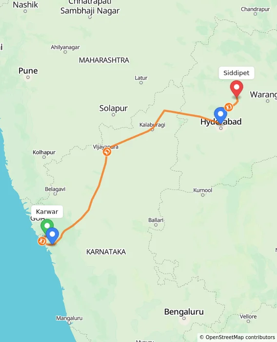 Route map showing distance and travel time from Karwar, India to Siddipet, India
