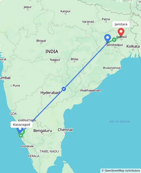 Route map showing distance and travel time from Kasaragod, India to Jamtara, India