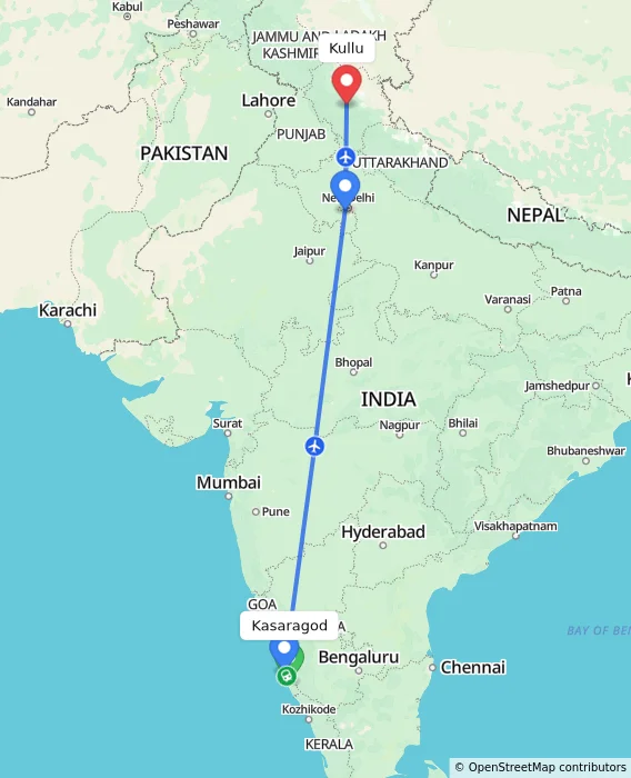 Route map showing distance and travel time from Kasaragod, India to Kullu, India