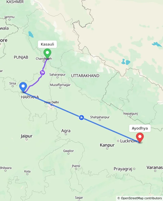 Route map showing distance and travel time from Kasauli, India to Ayodhya, India