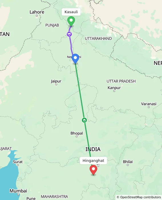 Route map showing distance and travel time from Kasauli, India to Hinganghat, India