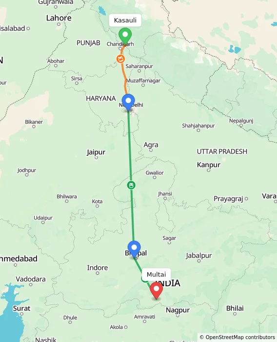 Route map showing distance and travel time from Kasauli, India to Multai, India