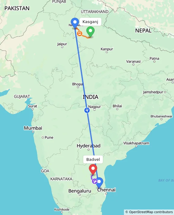 Route map showing distance and travel time from Kasganj, India to Badvel, India