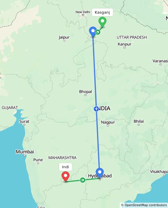 Route map showing distance and travel time from Kasganj, India to Indi, India
