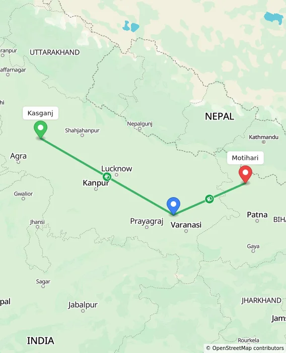 Route map showing distance and travel time from Kasganj, India to Motihari, India